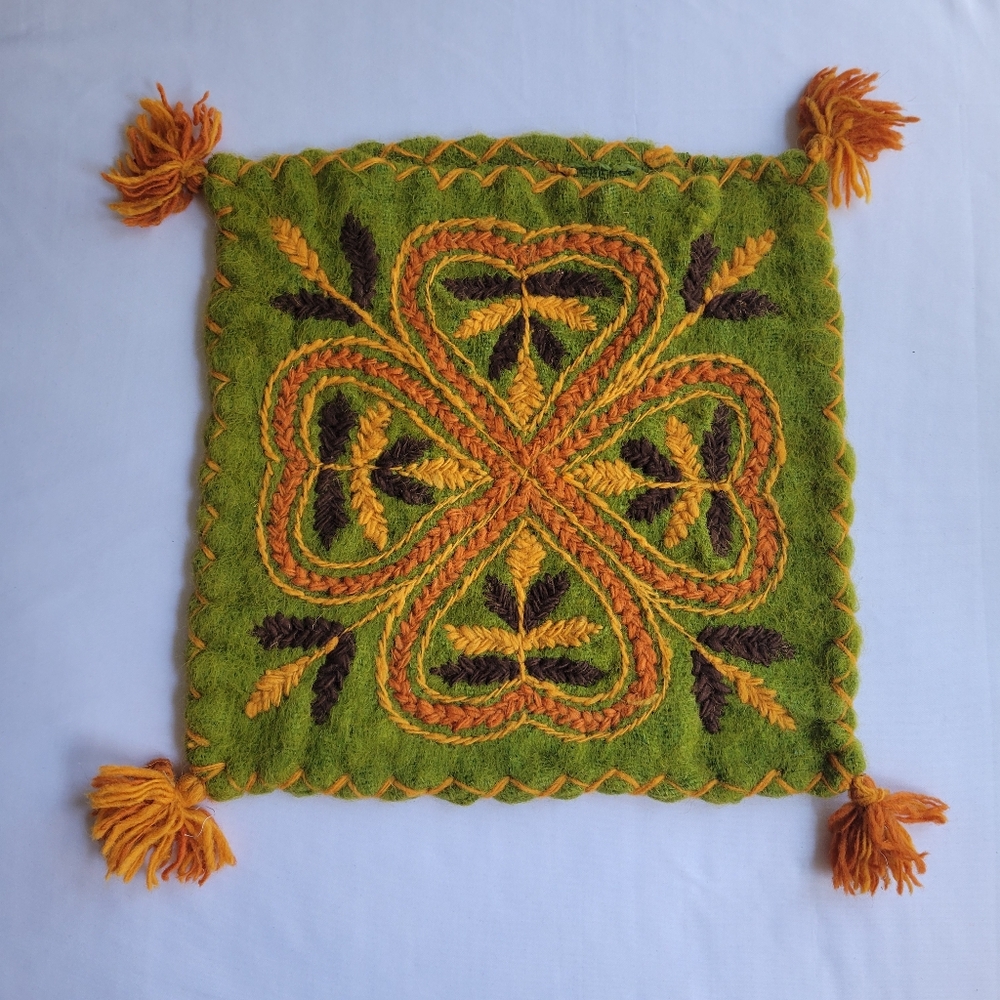 Handcrafted Green and Orange Pillow Cover